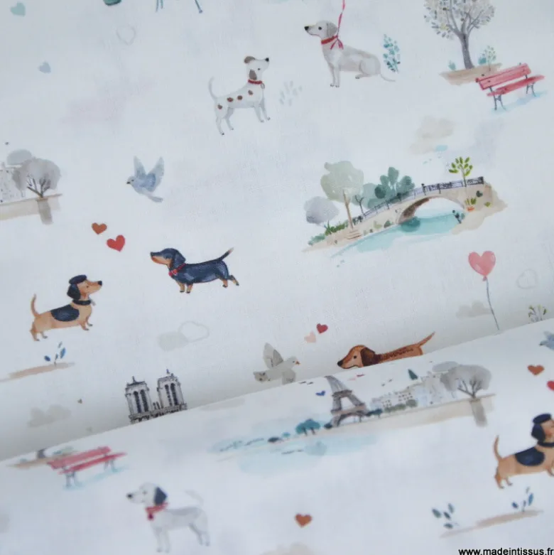 Tissu coton Titidparis motif tour Eiffeil, teckels, bistrot Parisien - OEKO TEX