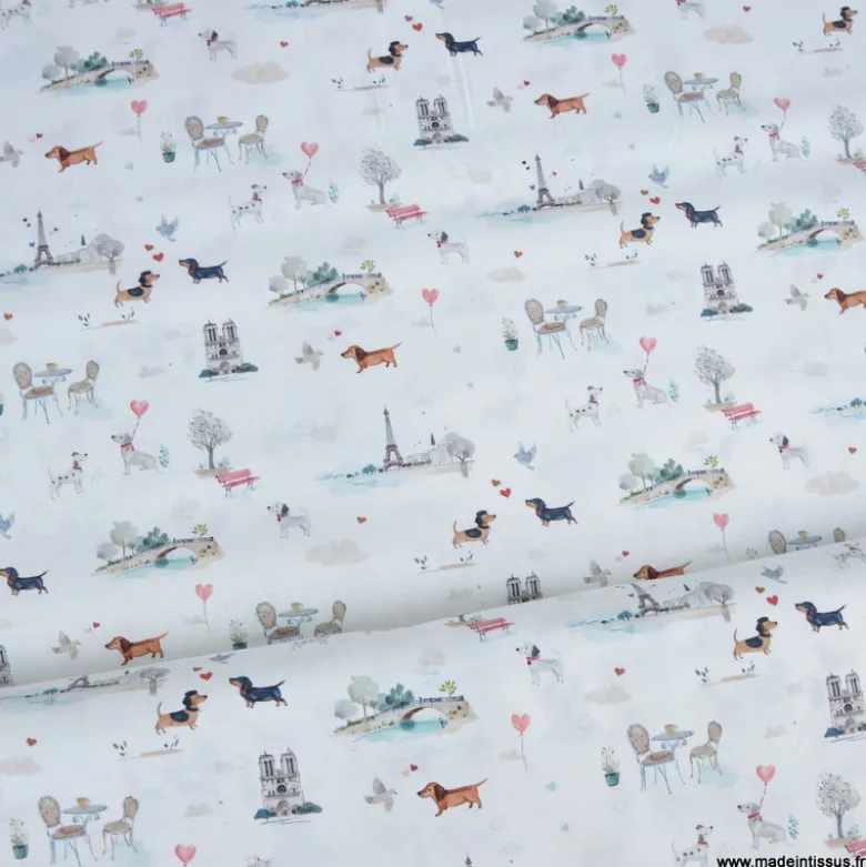 Tissu coton Titidparis motif tour Eiffeil, teckels, bistrot Parisien - OEKO TEX
