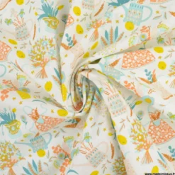 Tissu coton été motif arrosoirs, fleurs et bottes, jardinage