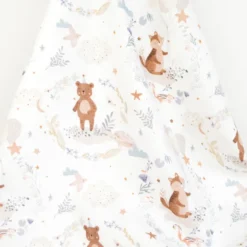 Tissu coton Trodoux – ours, nuages et feuillages pastel fond blanc