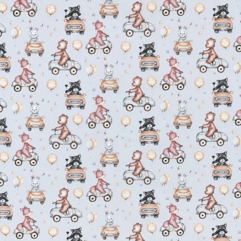 Tissu coton Tutute motif oursons et lapins en voiture vintage - OEKO TEX