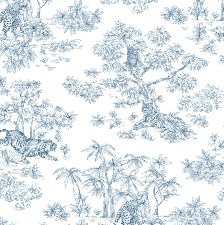 Tissu coton type toile de Jouy Acajou motif tigres, singes et panthère exotique - OEKO TEX