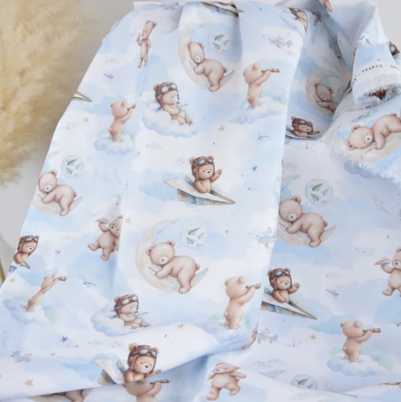 Tissu coton Volloin motif ours aviateur et lune fond ciel - OEKO TEX