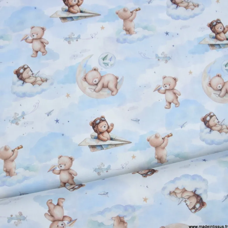 Tissu coton Volloin motif ours aviateur et lune fond ciel - OEKO TEX
