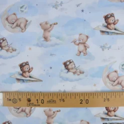 Tissu coton Volloin motif ours aviateur et lune fond ciel - OEKO TEX
