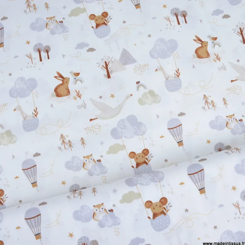 Tissu coton Volvie motif animaux et montgolfières - OEKO TEX