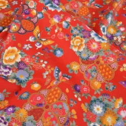 Tissu coton Wasabi motif fleurs et papillons japonais - Rouge