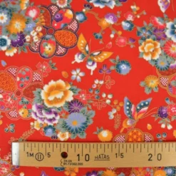 Tissu coton Wasabi motif fleurs et papillons japonais - Rouge