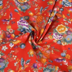 Tissu coton Wasabi motif fleurs et papillons japonais - Rouge