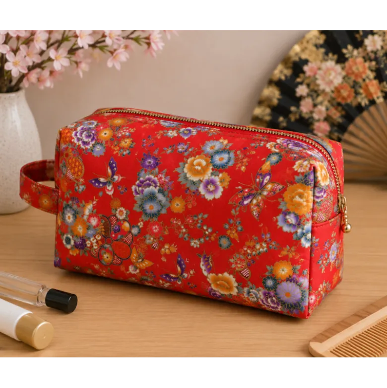 Tissu coton Wasabi motif fleurs et papillons japonais - Rouge