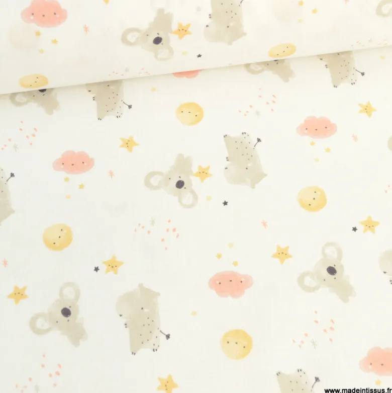 Tissu Coton Zipopo rose motif koalas et hippopotames - OEKO TEX