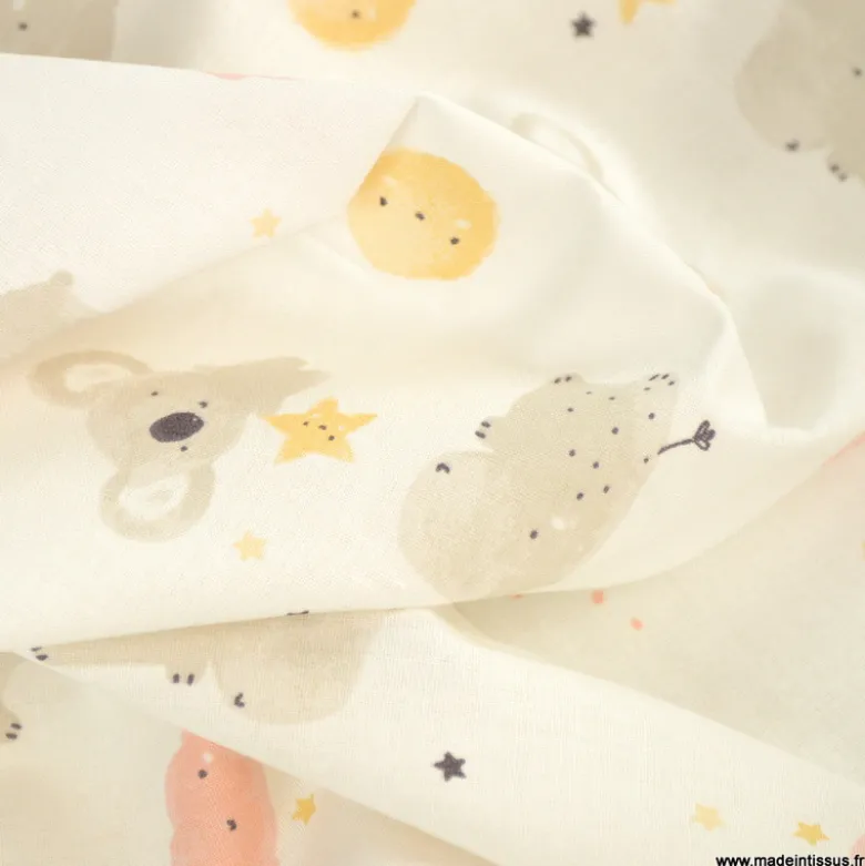 Tissu Coton Zipopo rose motif koalas et hippopotames - OEKO TEX