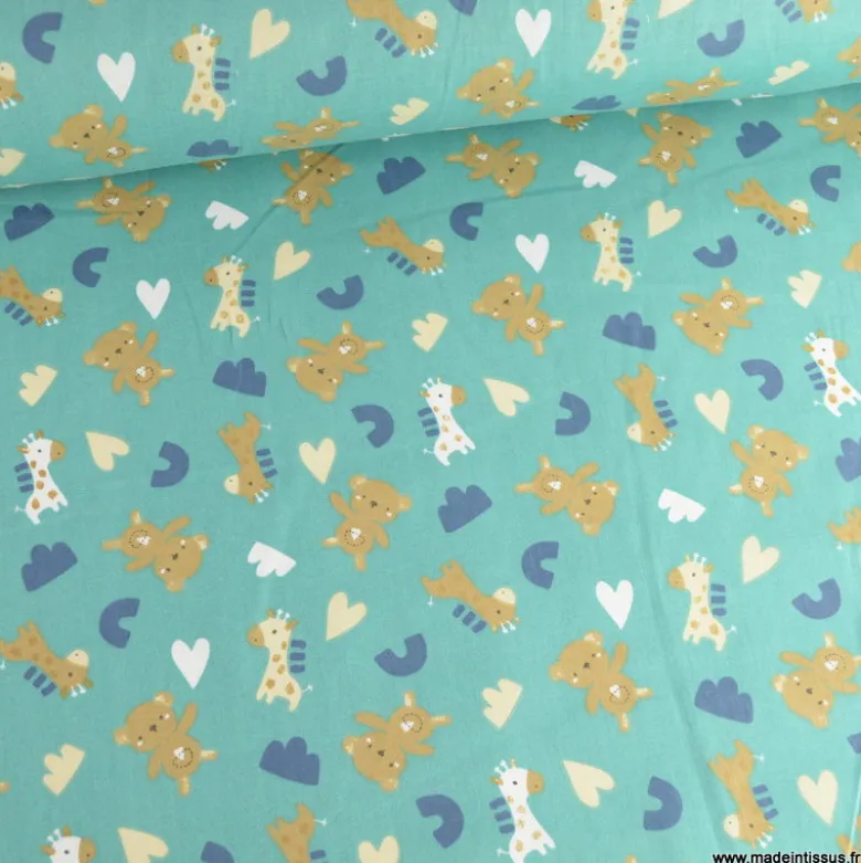 Tissu Coton Zolane motif girafes, coeurs et peluches - OEKO TEX classe 1