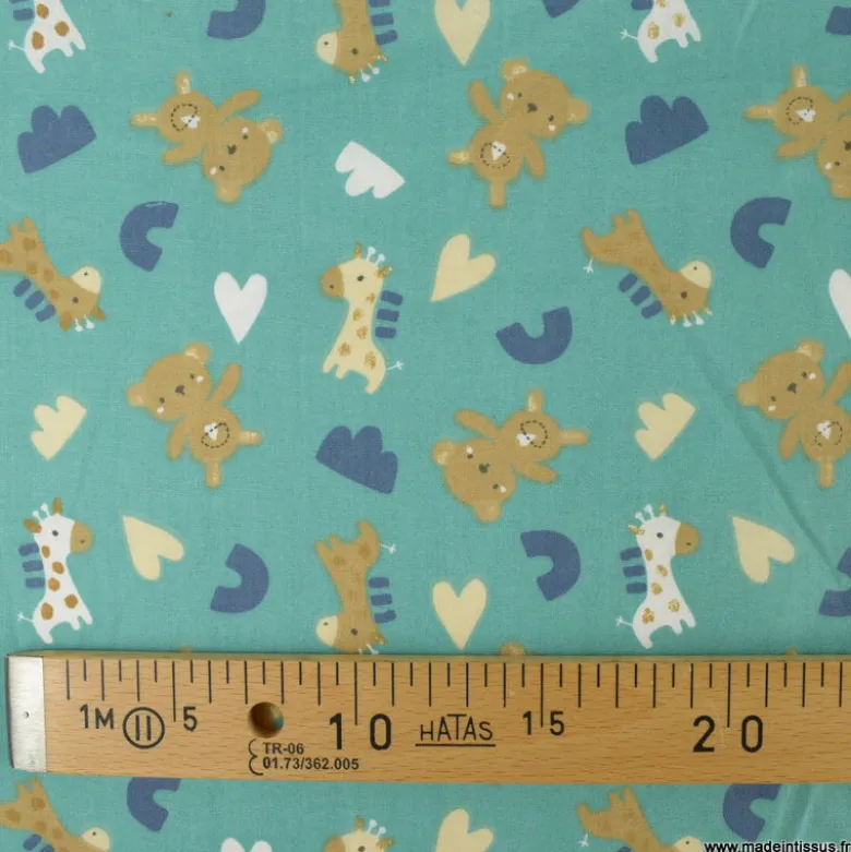 Tissu Coton Zolane motif girafes, coeurs et peluches - OEKO TEX classe 1