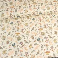 Tissu Cotton and Steel, collection Mushroom Hunt motif fleurs, champignons et oiseaux - OEKO TEX