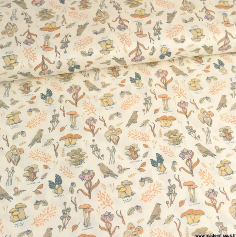 Tissu Cotton and Steel, collection Mushroom Hunt motif fleurs, champignons et oiseaux - OEKO TEX