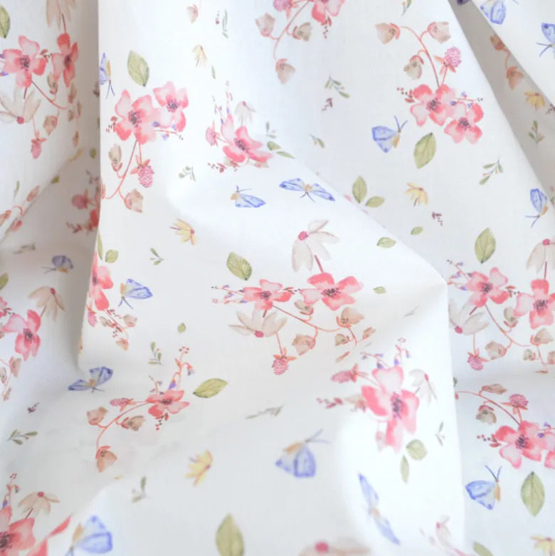 Tissu cretonne coton Amael motif fleurs roses fond écru - OEKO TEX