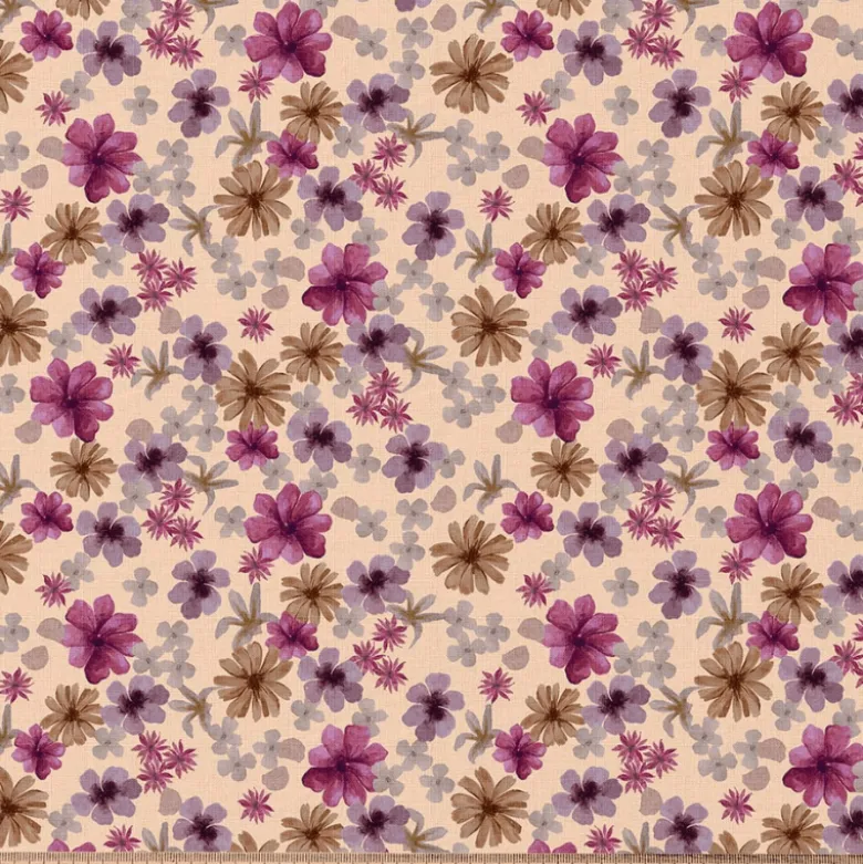 Tissu cretonne coton Aster fleurs violettes fond pêche