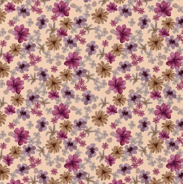 Tissu cretonne coton Aster fleurs violettes fond pêche