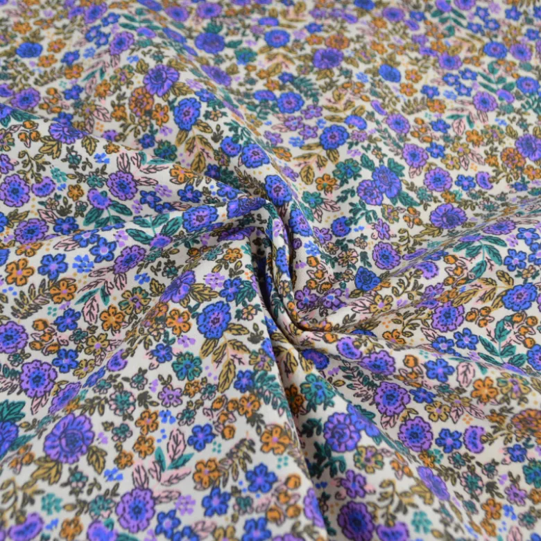 Tissu cretonne coton Barbara petites fleurs violettes et camel fond écru