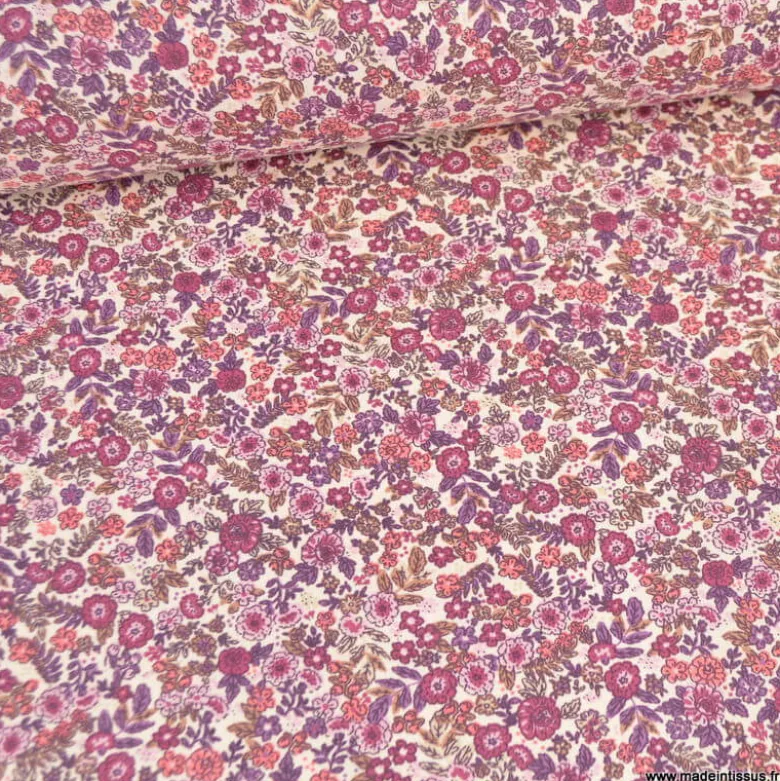 Tissu cretonne coton Barbara petites fleurs violettes fond écru