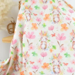 Tissu cretonne coton Bellis motif lapins et fleursfond écru -OEKO TEX
