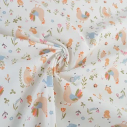 Tissu cretonne coton Cocotte motif poules et fleurs fond écru - OEKO TEX