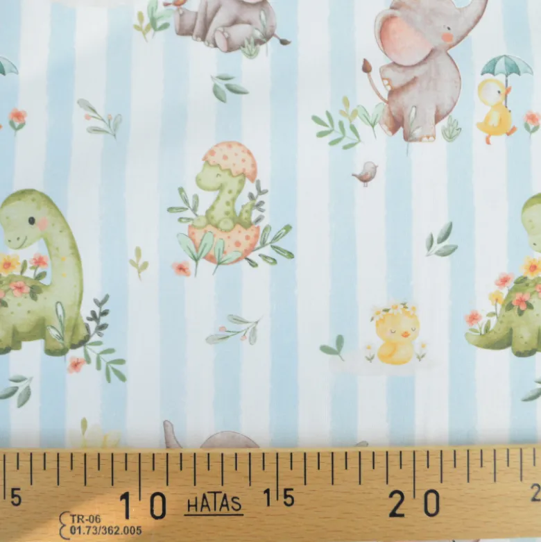 Tissu cretonne coton Ellie motif dinosaures et éléphants -OEKO TEX