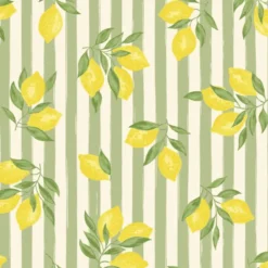 Tissu Cretonne Coton Etna – Citrons Jaunes sur Rayures Amande