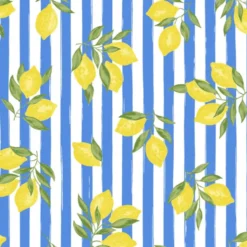 Tissu Cretonne Coton Etna – Citrons Jaunes sur Rayures Bleues