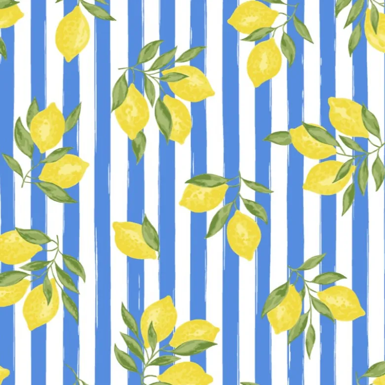 Tissu Cretonne Coton Etna – Citrons Jaunes sur Rayures Bleues