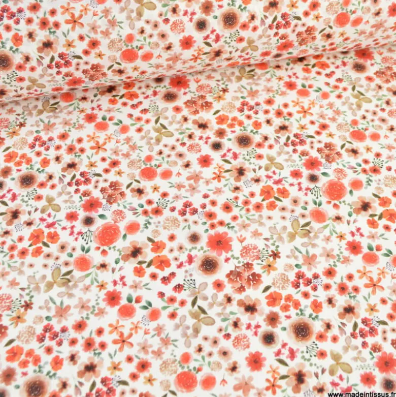 Tissu cretonne coton Hortense fleurs rouges fond écru
