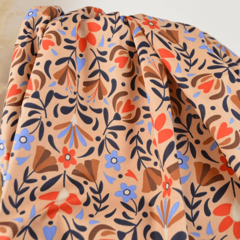 Tissu cretonne coton Lafleur fleurs rouge & bleu fond beige