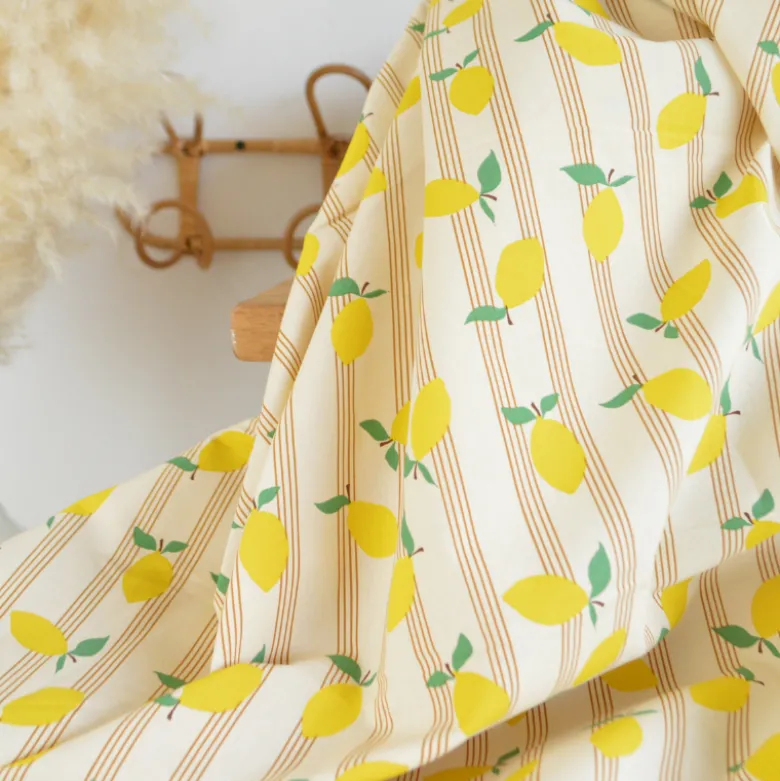 Tissu cretonne coton Lime motif citrons fond écru - OEKO TEX