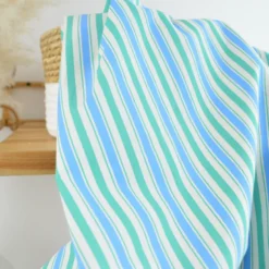 Tissu cretonne coton Lydia à rayures bleues et vertes - OEKO TEX