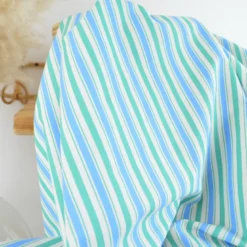 Tissu cretonne coton Lydia à rayures bleues et vertes - OEKO TEX