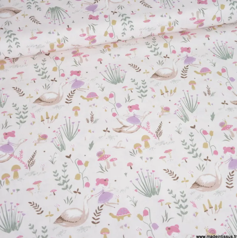 Tissu cretonne coton Maelyne motif Fées, cygnes et animaux – OEKO TEX