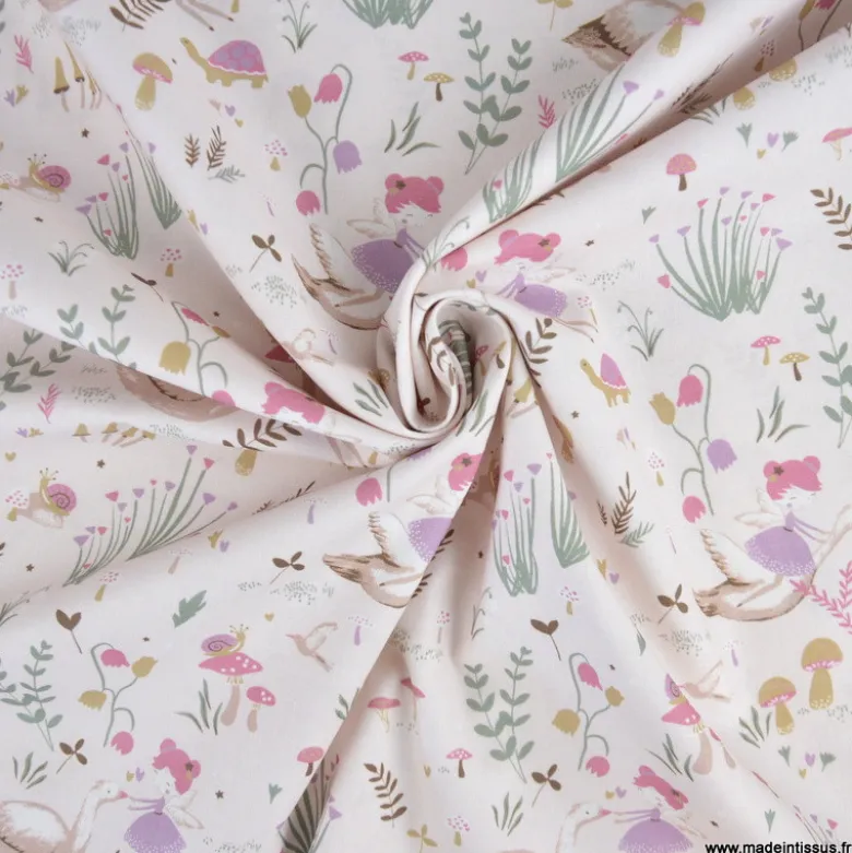 Tissu cretonne coton Maelyne motif Fées, cygnes et animaux – OEKO TEX