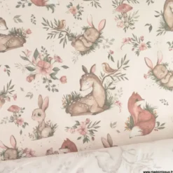 Tissu cretonne coton motif animaux de la foret fond beige
