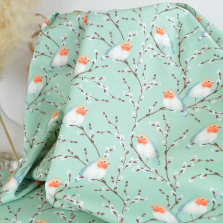 Tissu cretonne coton motif rouge-gorge fond vert - OEKO TEX