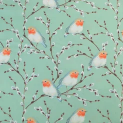 Tissu cretonne coton motif rouge-gorge fond vert - OEKO TEX