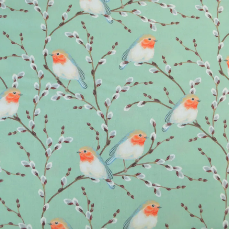 Tissu cretonne coton motif rouge-gorge fond vert - OEKO TEX