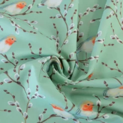 Tissu cretonne coton motif rouge-gorge fond vert - OEKO TEX