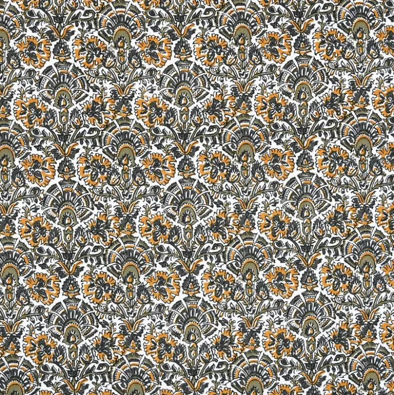 Tissu cretonne coton Nasik motifs fleurs kaki et jaune