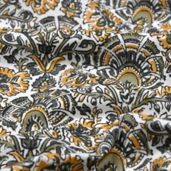 Tissu cretonne coton Nasik motifs fleurs kaki et jaune