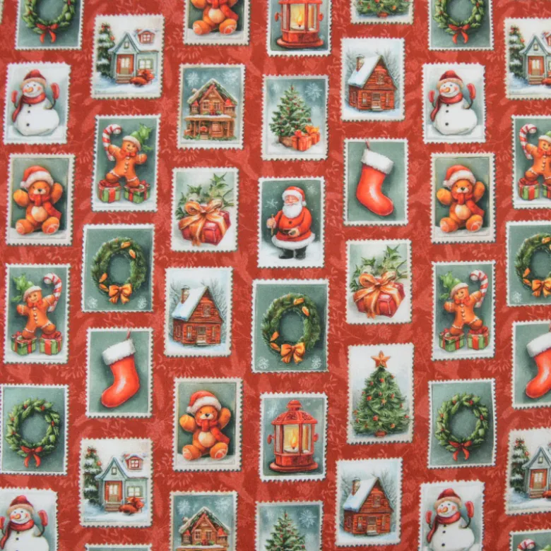 Tissu cretonne coton Noël motif timbres vintage fond rouge