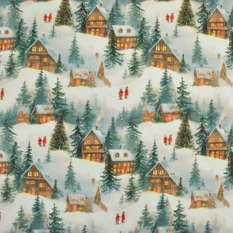 Tissu cretonne coton Noël motif chalets enneigés