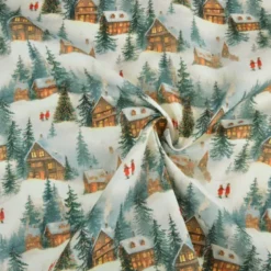 Tissu cretonne coton Noël motif chalets enneigés