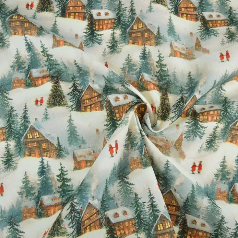 Tissu cretonne coton Noël motif chalets enneigés