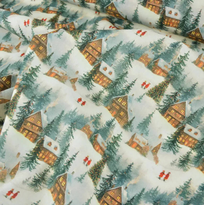 Tissu cretonne coton Noël motif chalets enneigés